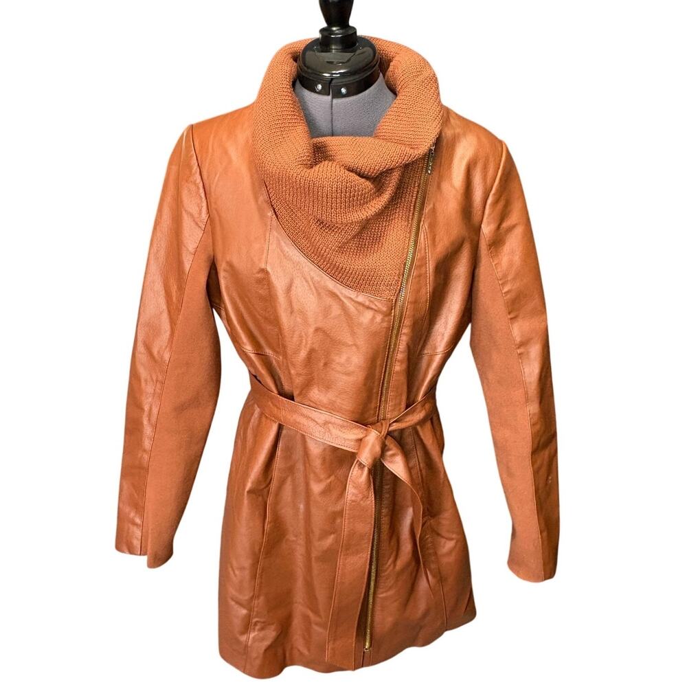 IMAN Genuine Leather Moto Jacket Medium Cognac Belted Cowl Neck Asymmetrical